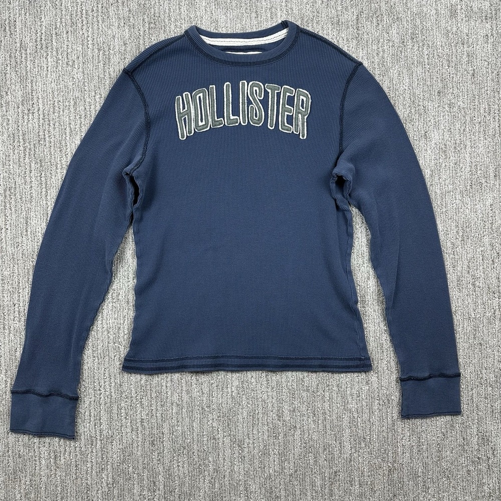 Hollister Mens Long‎ Sleeve Thermal Waffle Knit Shirt Logo Blue Size Large